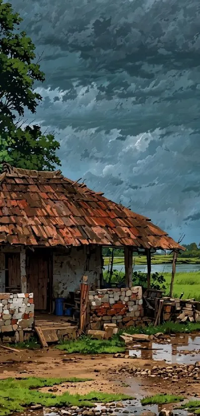 Rustic cottage under a stormy sky with lush greenery.