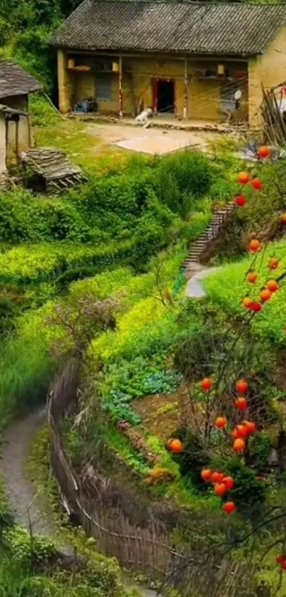 Serene countryside landscape with cottages and greenery.