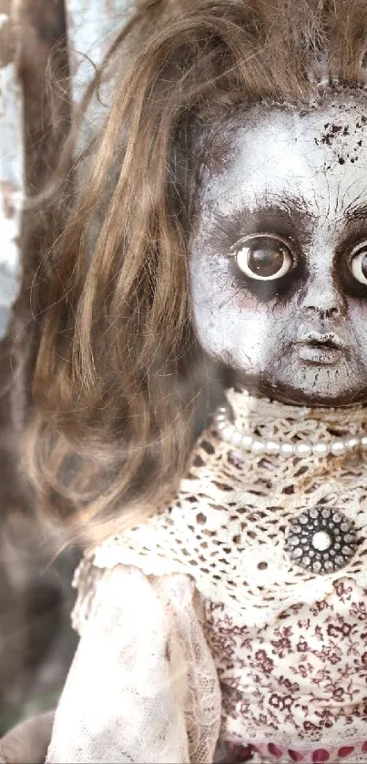 Chilling rustic doll in vintage setting with eerie, haunting vibes.