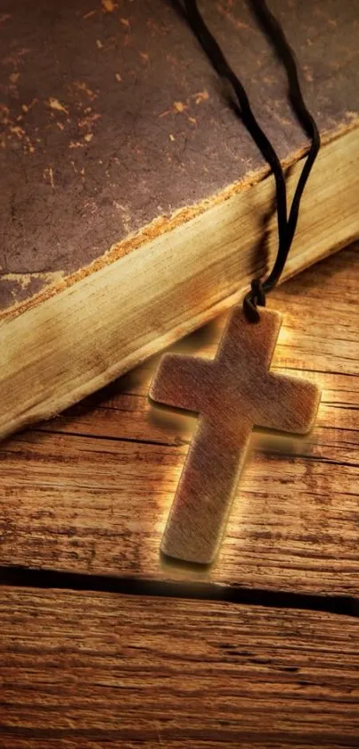 Wooden cross on a rustic book background.