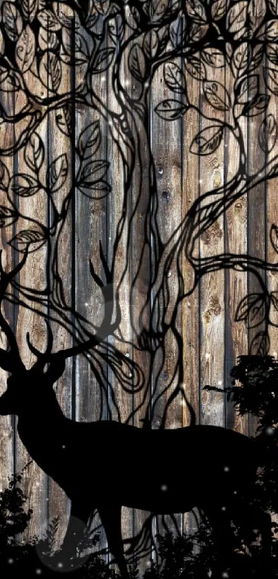 Rustic wood wallpaper with deer silhouette and branches.