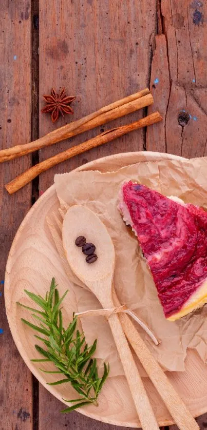 Rustic wallpaper with cheesecake and spices on wood.