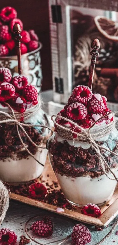 Rustic dessert jar with raspberries and cream in warm lighting.