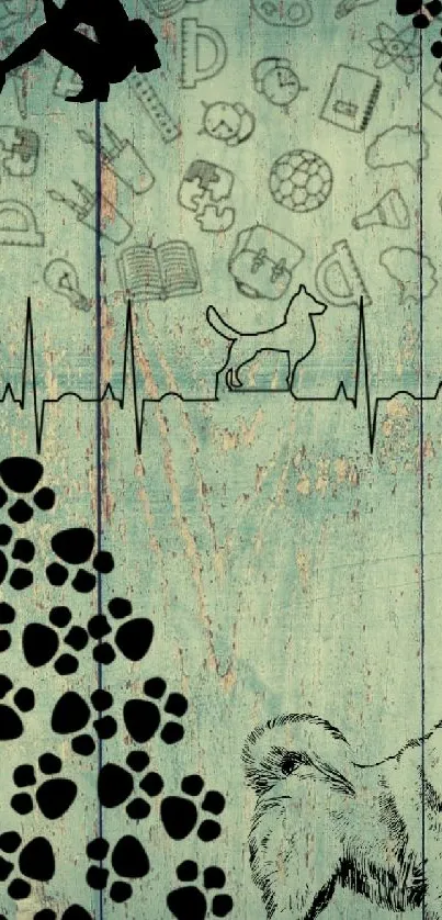 Rustic dog-themed wallpaper with paw prints and heartbeats on sea green wood.