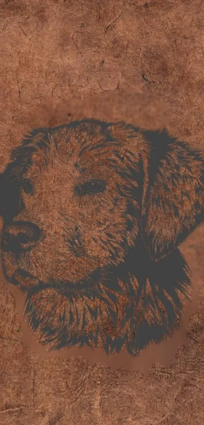 Rustic dog sketch on textured brown background wallpaper.