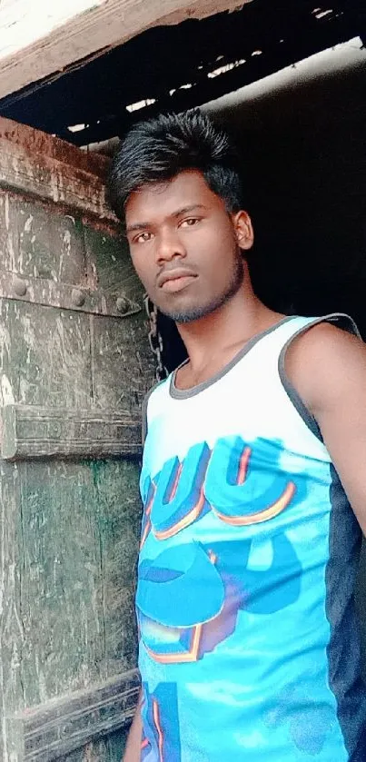 Man in blue tank top standing in vintage rustic doorway.