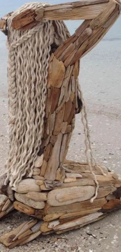 Driftwood sculpture at a serene beach with earthy tones and coastal vibes.