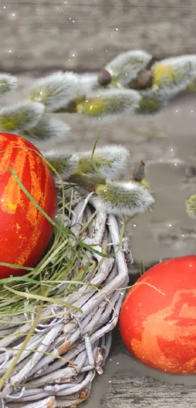 Rustic Easter wallpaper with painted eggs and woven branches.