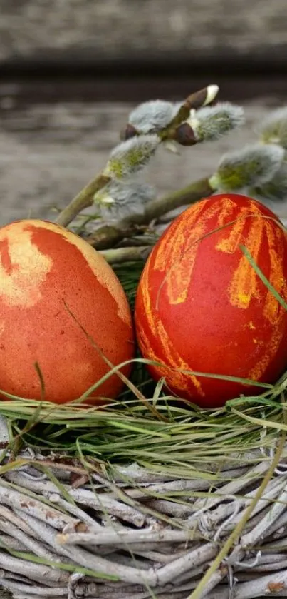 Artistic Easter eggs in rustic nest with natural branch accents.