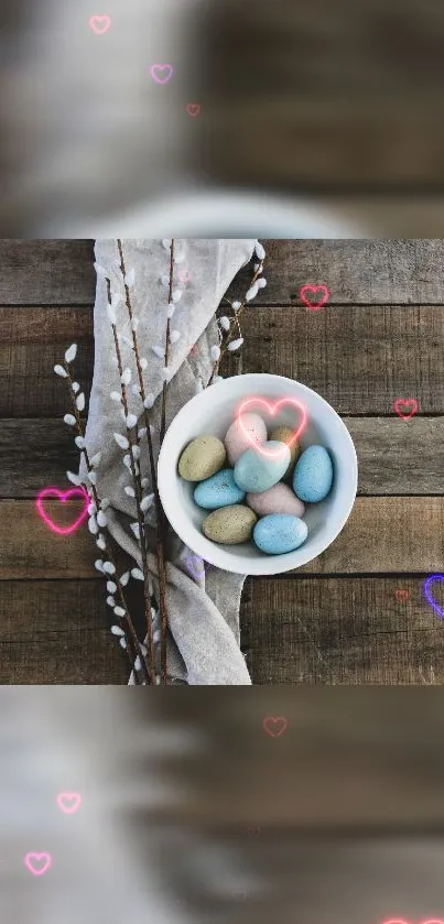 Rustic Easter egg wallpaper with hearts and pastel colors on a wooden table.