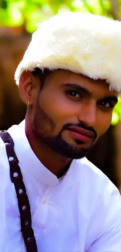 Man in traditional attire sitting outdoors with rustic background.