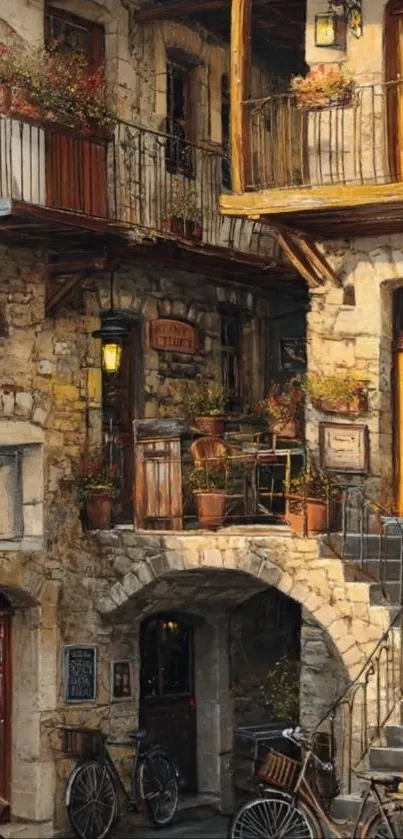 Rustic European street with balconies and bicycles.