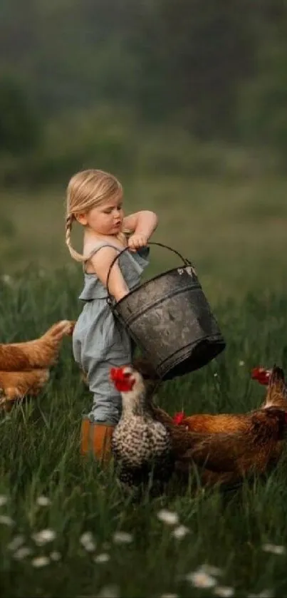 Child feeding chickens in a lush, green field.