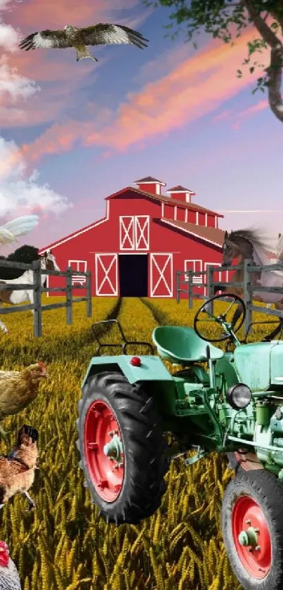 Farm scene with barn, tractor, and sunset.