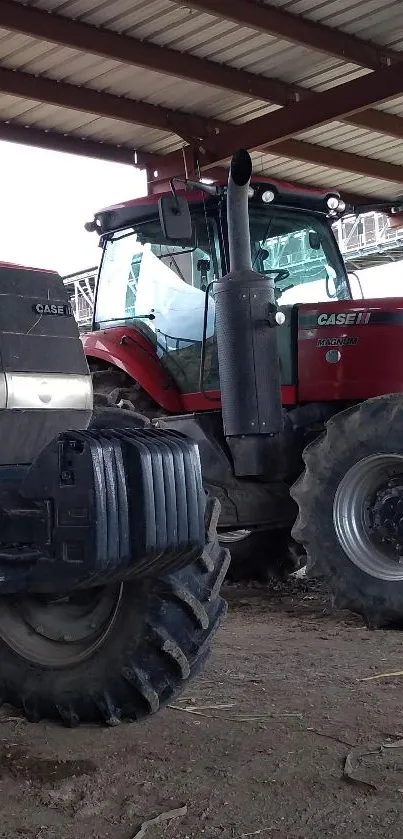 Red tractor parked inside a rustic barn setting, showcasing farm life.