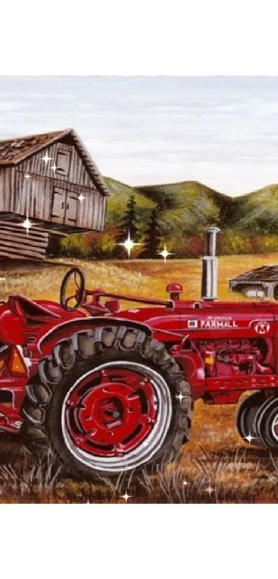 Red vintage tractor in rustic farm setting with barn and countryside.