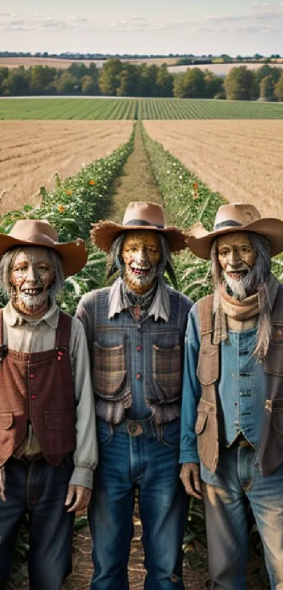 Three farmers in rustic attire stand in a vibrant farm field landscape.