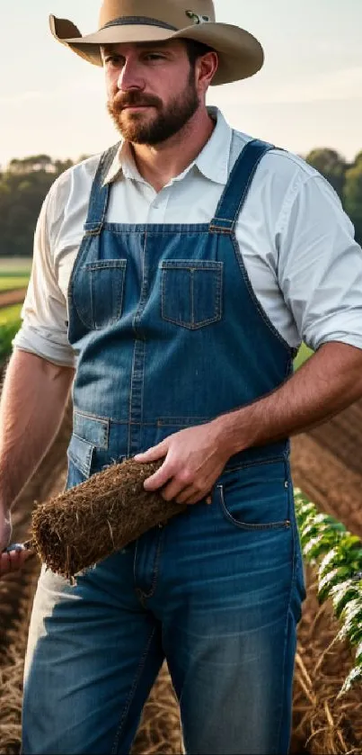 Rustic farmer in denim overalls standing in a lush field.