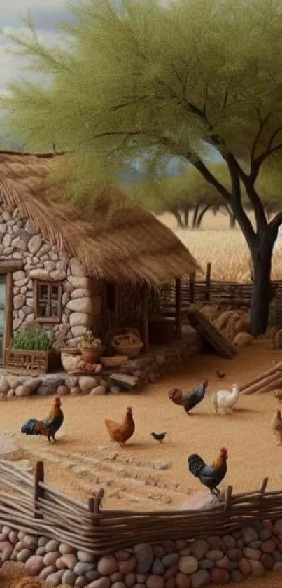 Rustic farmhouse with chickens and stone path under a large tree.