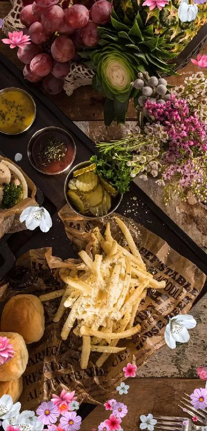 Rustic food spread on wooden table with fruits and dishes.