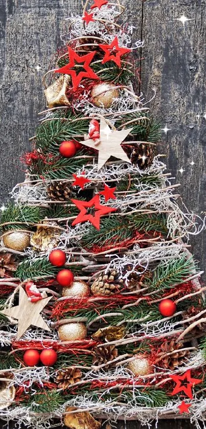 Rustic Christmas tree on vintage wooden door with red stars.