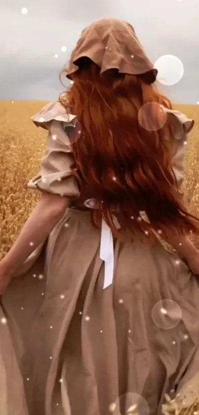 A woman in a beige dress walks through a golden wheat field, exuding rustic charm.