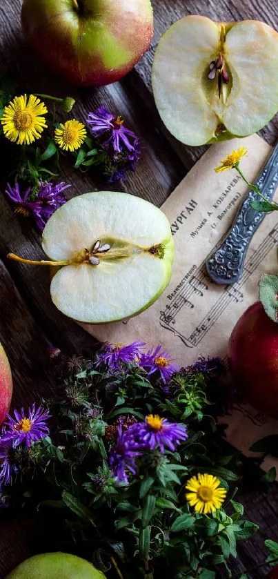 Rustic wallpaper with apples and flowers on a wooden background.