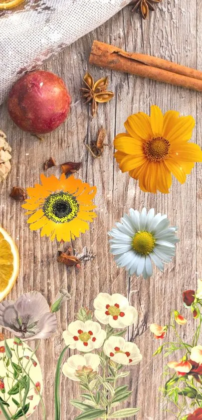 Rustic wallpaper with flowers and fruits on wood.