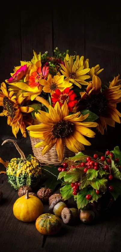 Rustic autumn wallpaper with sunflowers and pumpkins.