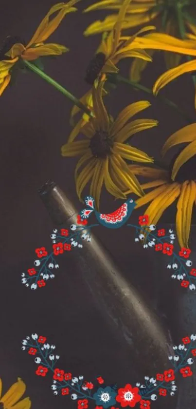 Rustic floral wallpaper with yellow flowers and decorative bottle.