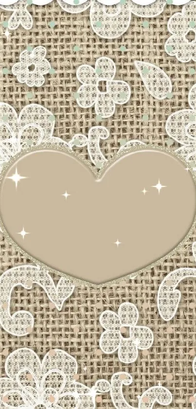 Rustic burlap wallpaper with heart and lace flowers.