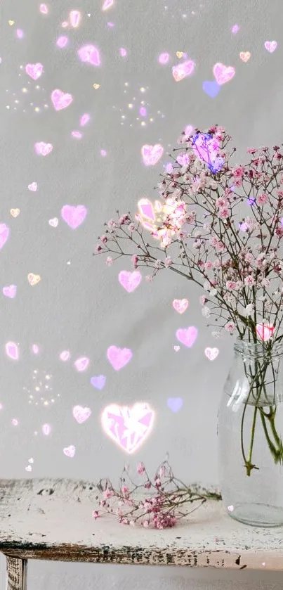 Minimalist wallpaper with pink flowers in a rustic vase on a gray background.