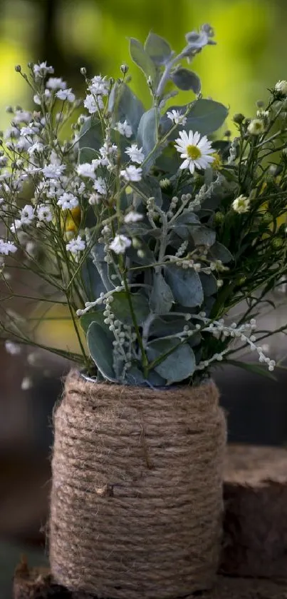 Mobile wallpaper with rustic daisy bouquet in natural setting.