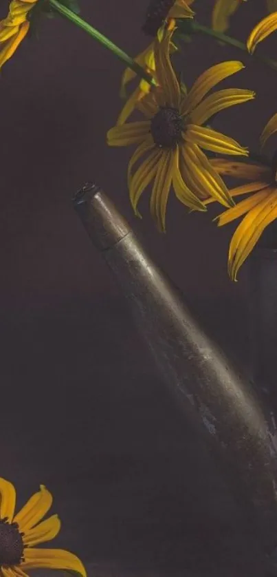 Yellow flowers in a rustic metal can.