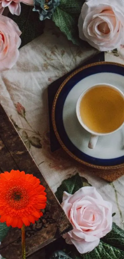 Rustic tea setting with flowers and vintage decor.