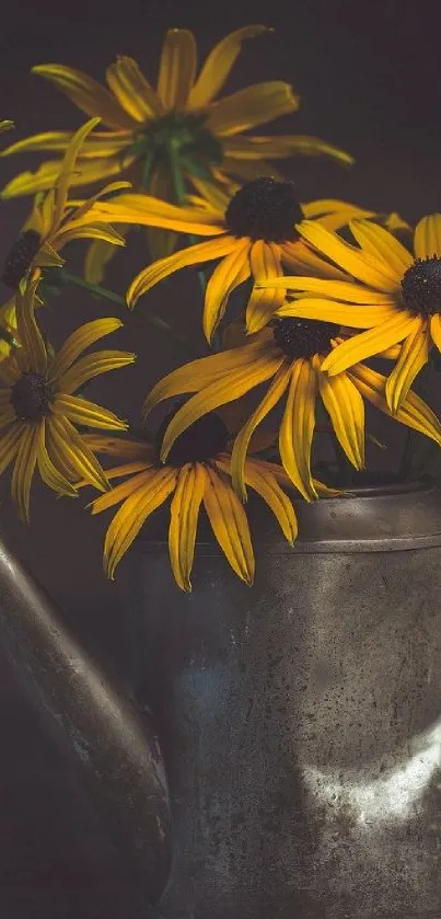 Rustic watering can with bright yellow flowers art wallpaper.