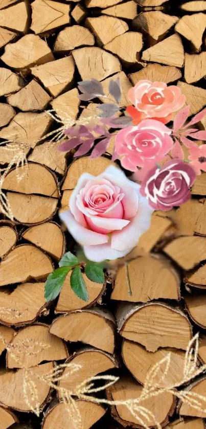 Rustic floral wallpaper with pink roses and wood logs.