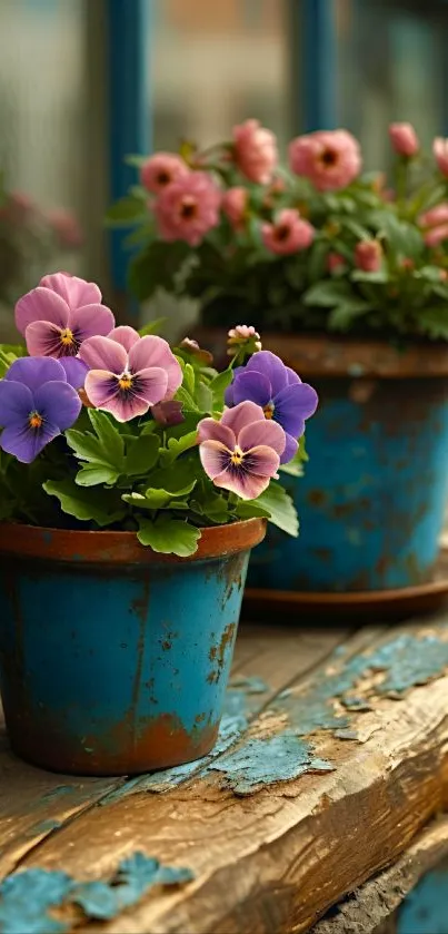 Rustic flower pots with vibrant blooms on a weathered bench.