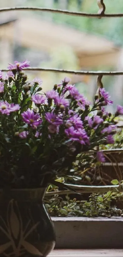 Purple flowers on a rustic windowsill wallpaper.