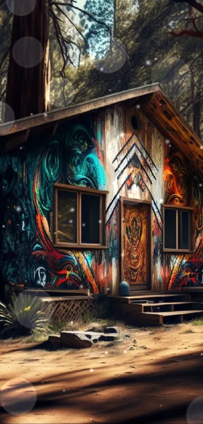 Graffiti-covered cabin in a serene forest setting with dappled sunlight.