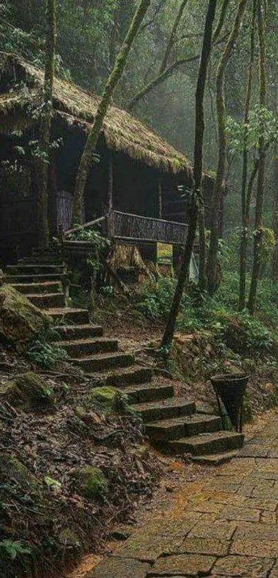 Rustic cabin in lush green forest with stone pathway.