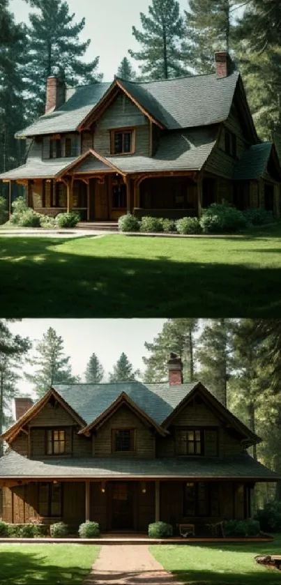 Rustic cottage surrounded by forest trees.