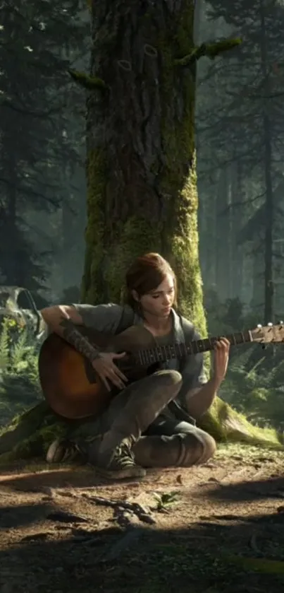 Individual playing guitar under tree in serene forest setting.