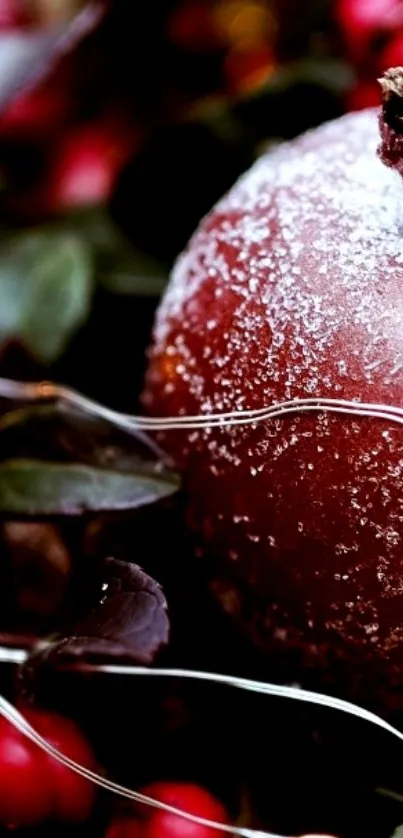 Frosted apple with berries and leaves, deep red tones.