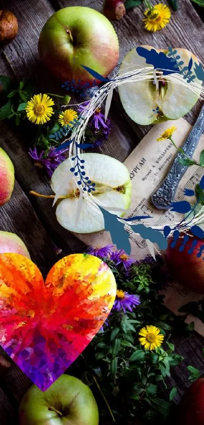 Rustic fruit and colorful heart mobile wallpaper with vibrant design.