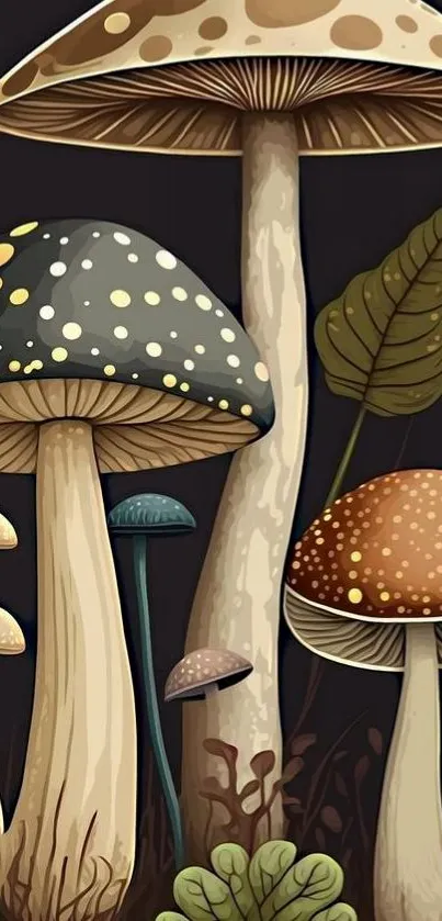 Illustrated rustic mushrooms in earthy colors