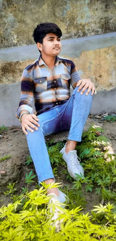 Young man relaxing by a rustic garden wall, surrounded by lush greenery.