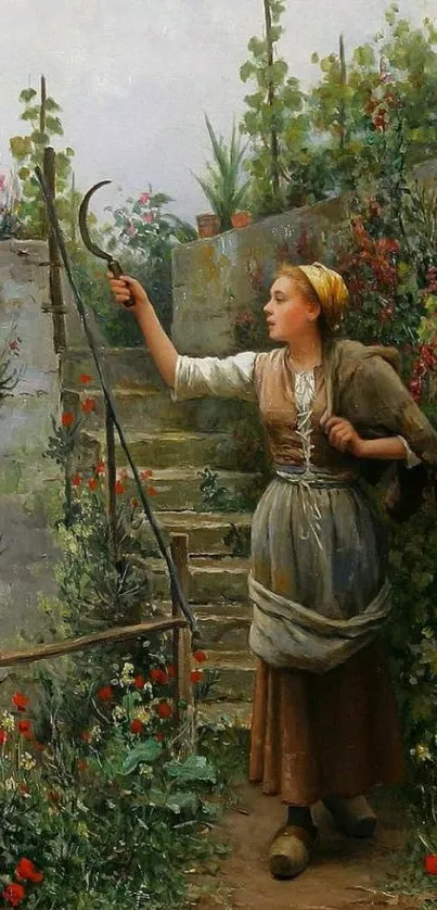 Rustic garden woman with sickle surrounded by flowers.