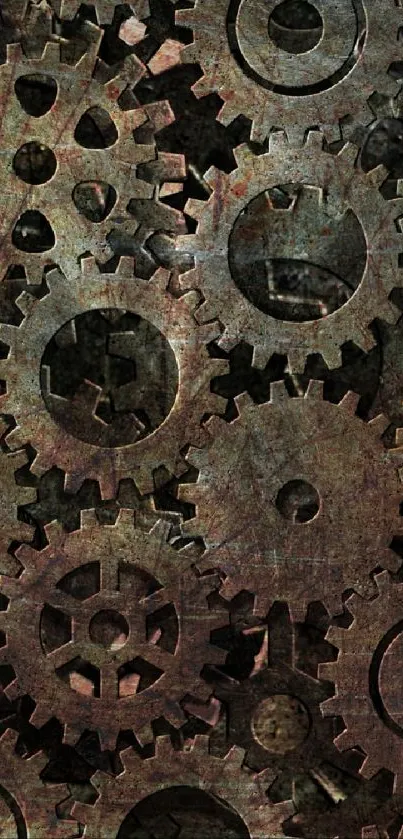 Rustic gear pattern mobile wallpaper in dark brown tones.