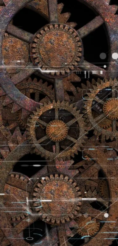 Steampunk wallpaper with rustic gears and dark background.